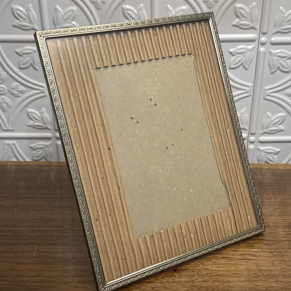 Vintage Metal Picture Frame Glass Easel Gold Tone Ornate Design 8x10 MCM Decor